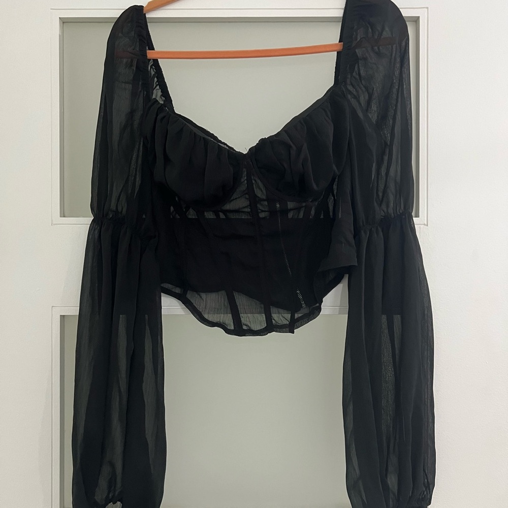 PRETTY LITTLE THING BLACK SHEER LONG SLEEVE BLOUSE 12 LARGE CORSET HOT FASHION